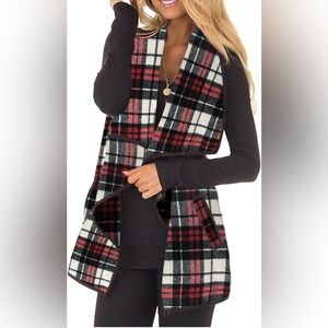 Women’s Plaid Vest Lapel Open Front Sleeveless Cardigan Jacket with Pockets